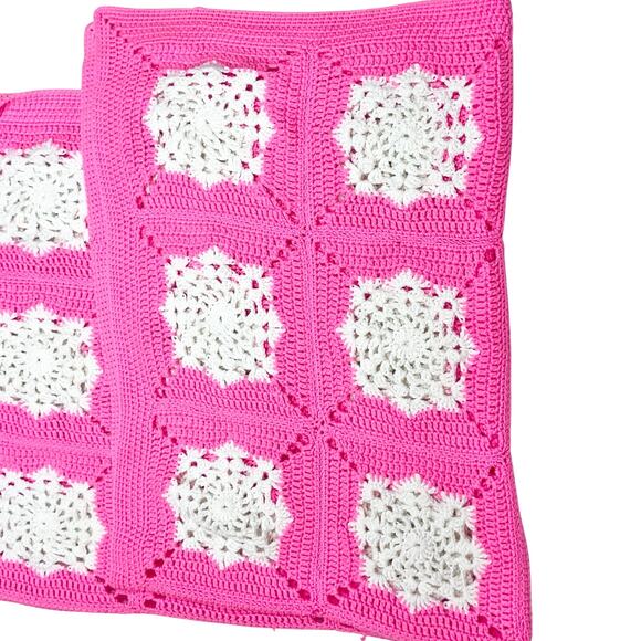 Handmade Pink and White Crochet Granny Square Afghan Blanket 67X64 Baby Girl - Picture 3 of 4